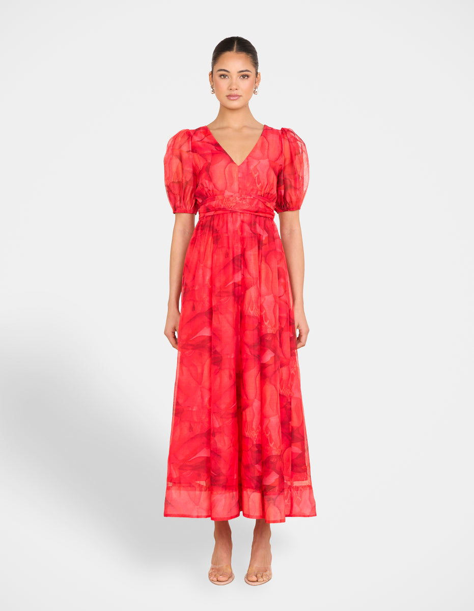 red pilgrim dress Pilgrim Clothing | The Ita Strapless Midi Dress pairs lightweight texture with a corset-inspired bodice, available in Burgundy and Black