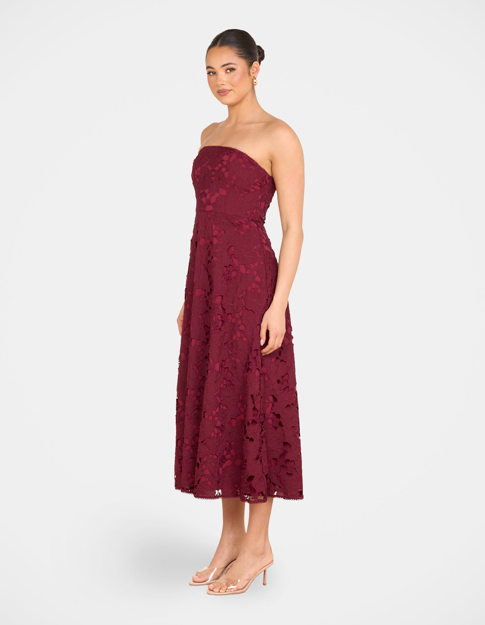 pilgrim red dress Pilgrim Clothing | The Ita Strapless Midi Dress pairs lightweight texture with a corset-inspired bodice, available in Burgundy and Black