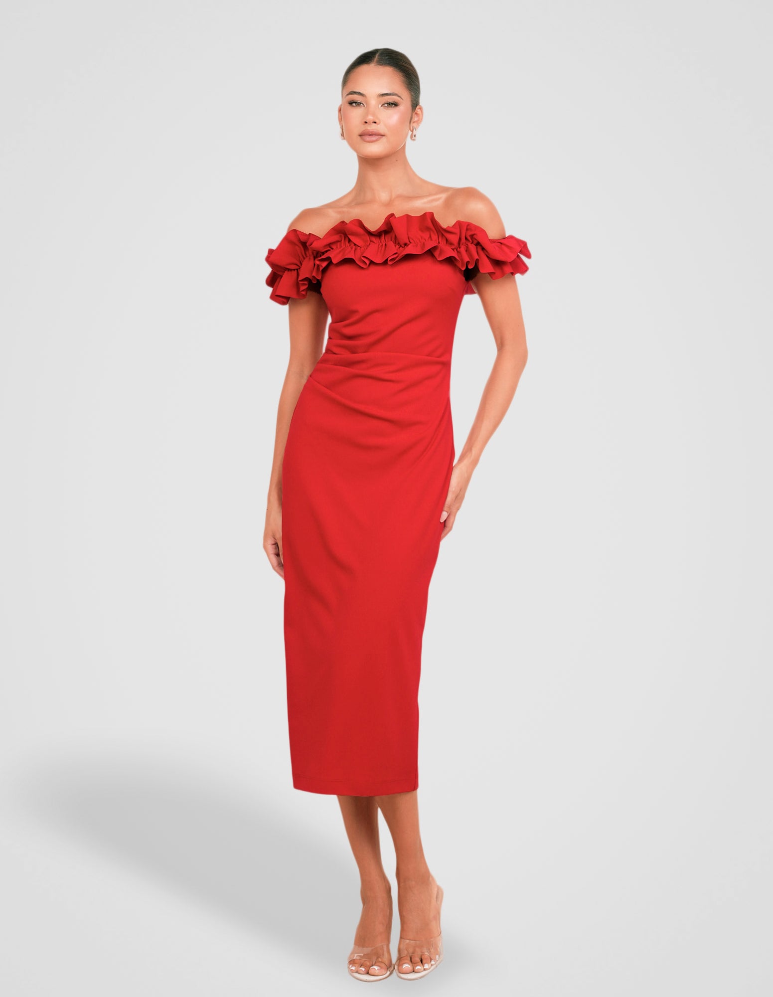 floral midi off the shoulder dress Mew Mews Aldrich Off Shoulder Floral Satin Midi Dress